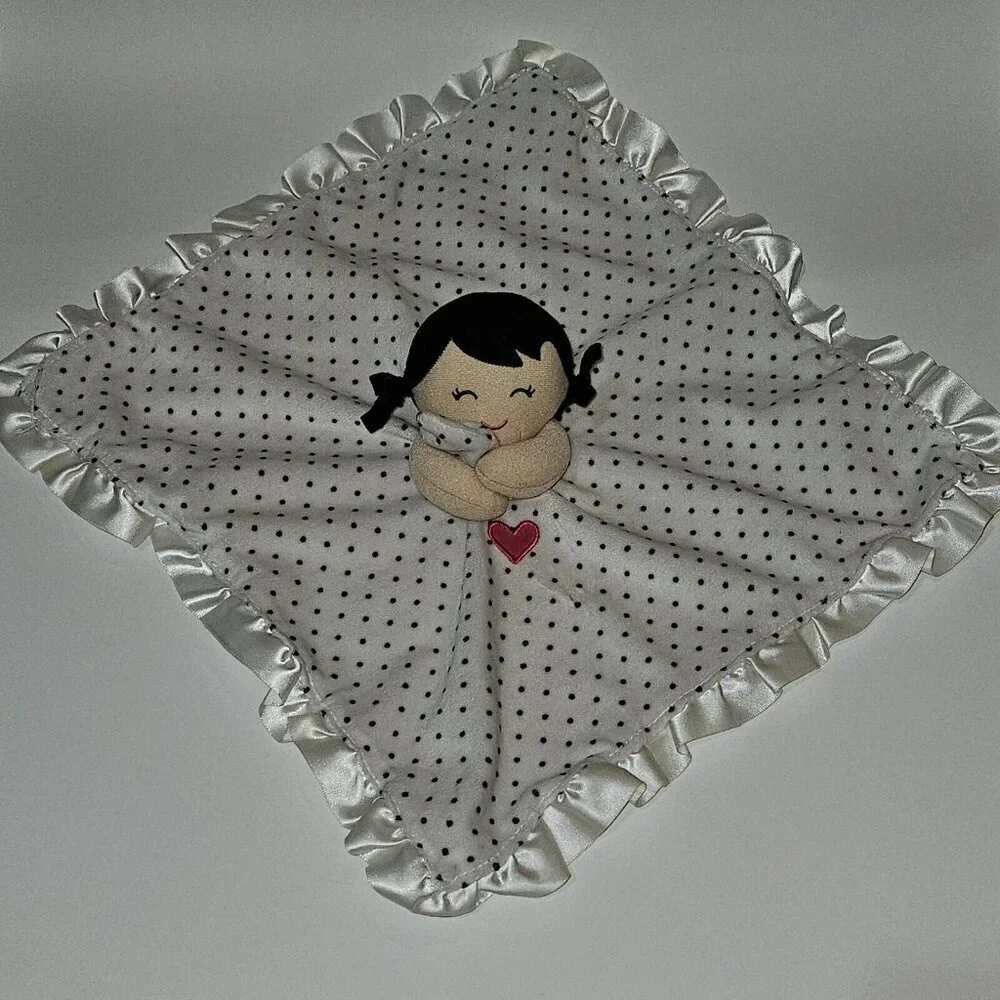 Carter's Baby Girl Doll Rattle Lovey Plush Black White Polka Dots Pink Heart